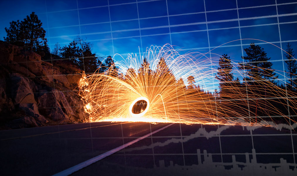 Road with fire implying risk with an overlay graph